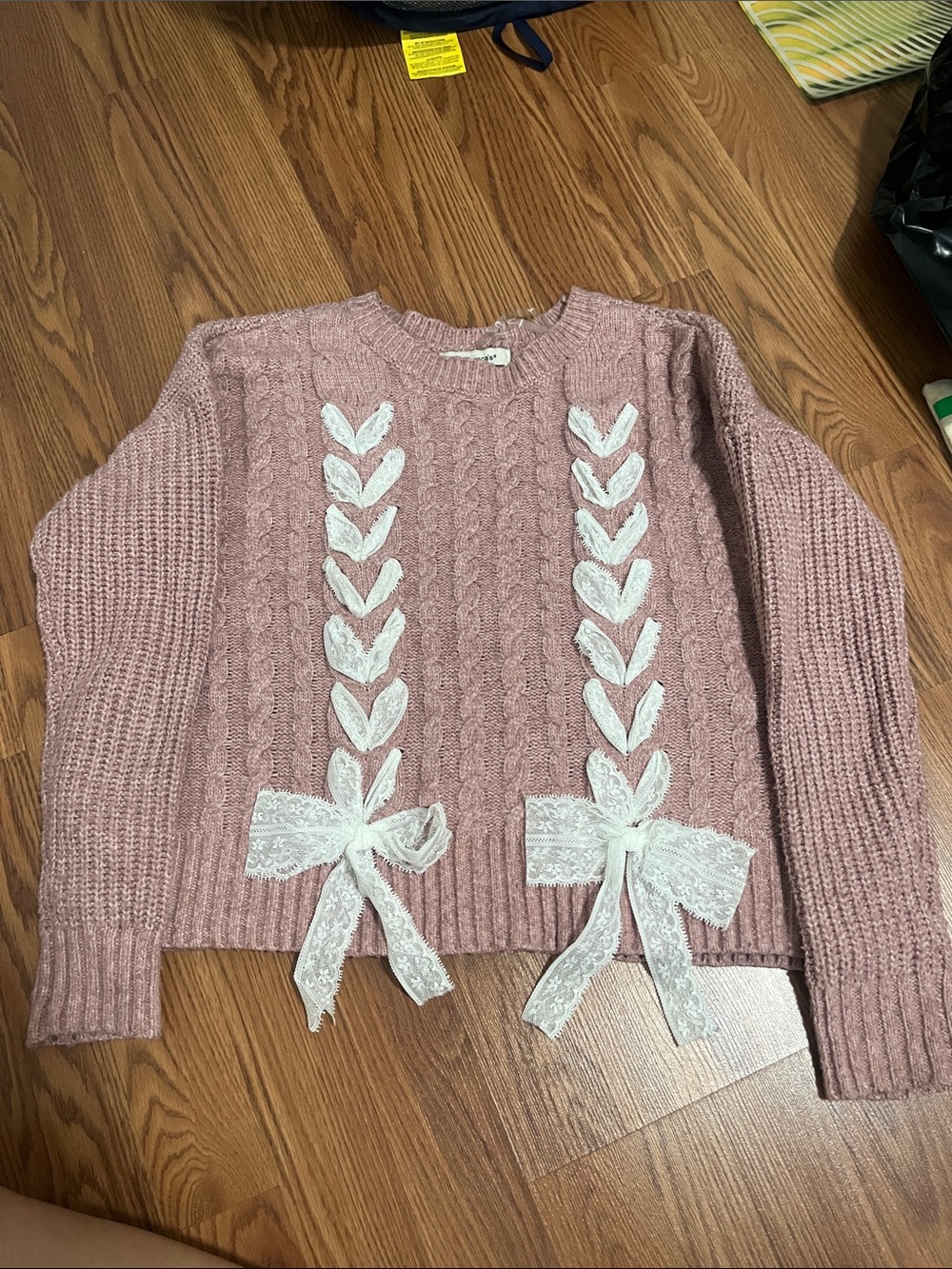 Francesca's Collections Dusty Pink Cable Knit Sweater with Lace Bows